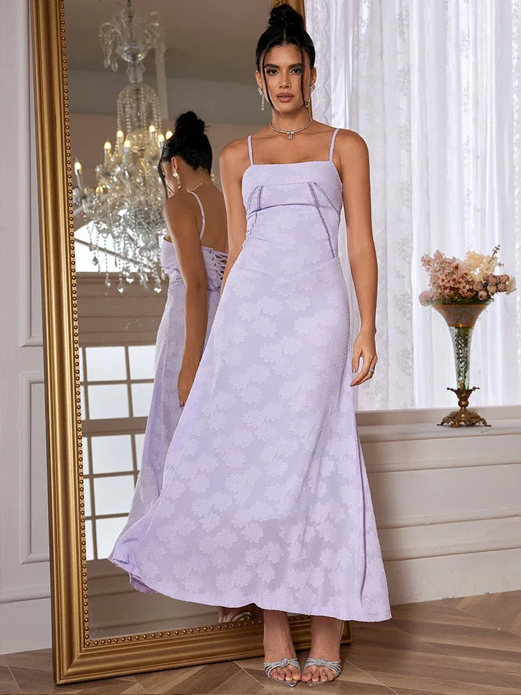 Dropshipping Nuevo vestido largo elegante de verano 2024, recién llegado, vestido morado con tirantes finos para invitados de boda, vestidos de fiesta con cordones