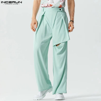 2023 Men Pants Solid Color Pleated Joggers Button Hollow Out Trousers Men Streetwear Loose Casual Wide Leg Pants S-5XL INCERUN