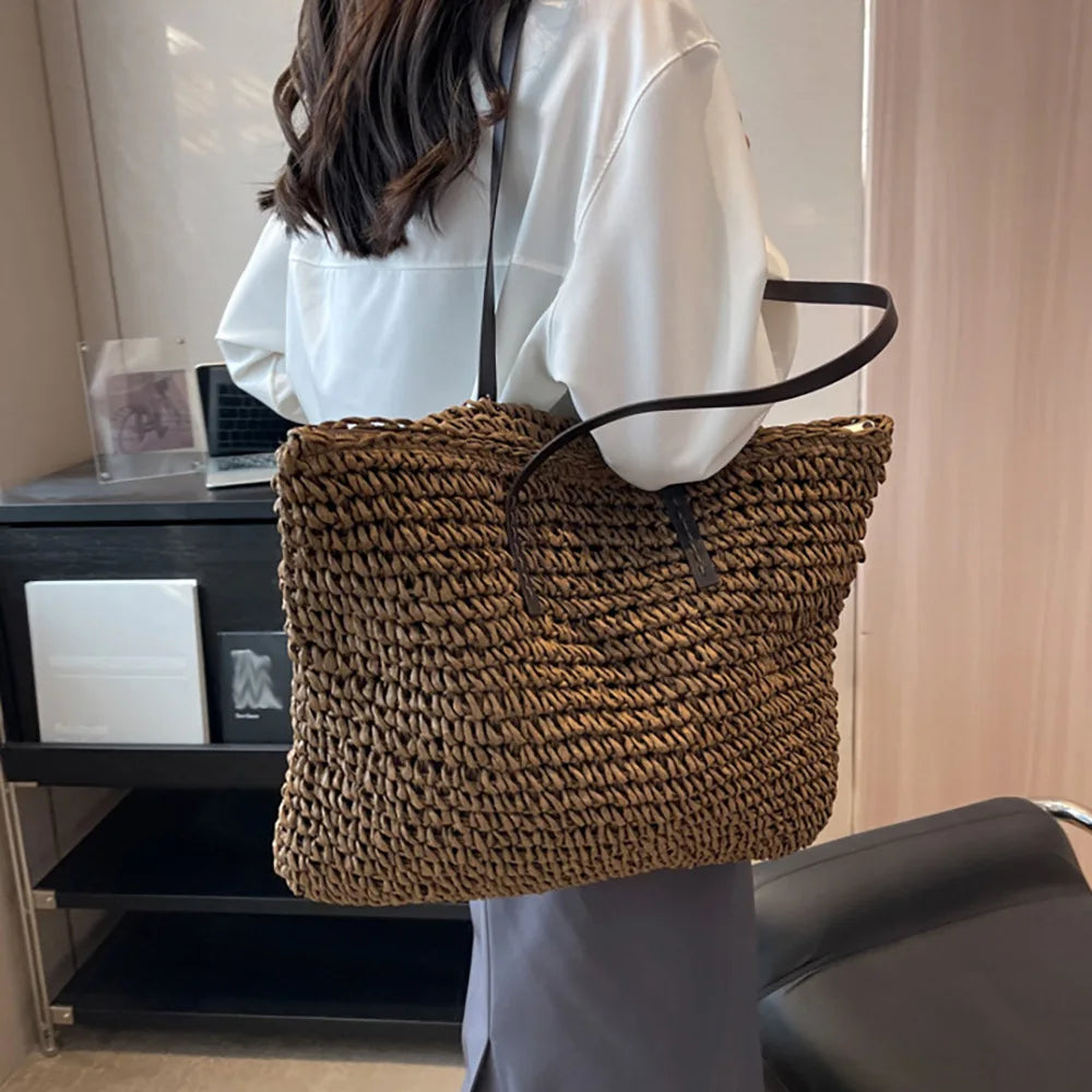 Casual Large Capacity Straw Tote Bag Vintage Woven Women Shoulder Bags Handamde Summer Beach Handbags Big Shopper Purses 2024