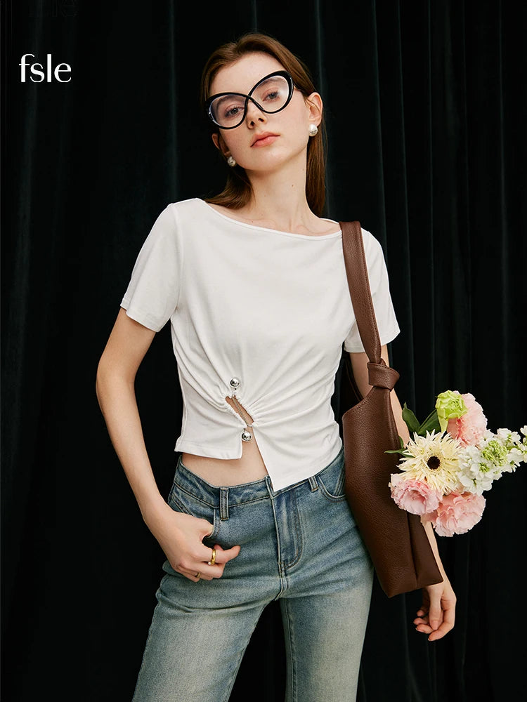 FSLE T-shirt One Shoulder Design Short Spicy Top Women's Summer Twisted Waist Short Sleeved White Yellow Tee 24FS12215