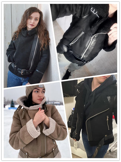 Suninheart - Chaqueta de piel de cordero gruesa y cálida de invierno para mujer, abrigo corto de piel de oveja sintética marrón para motocicleta, chaquetas de otoño