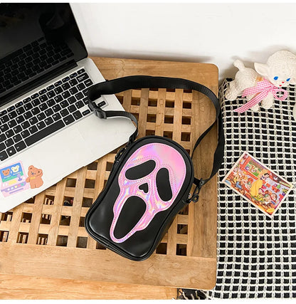 Bolso bandolera para hombre y mujer, estilo coreano, divertido bolso de hombro con calavera fantasma láser, bolso pequeño suave para teléfono móvil