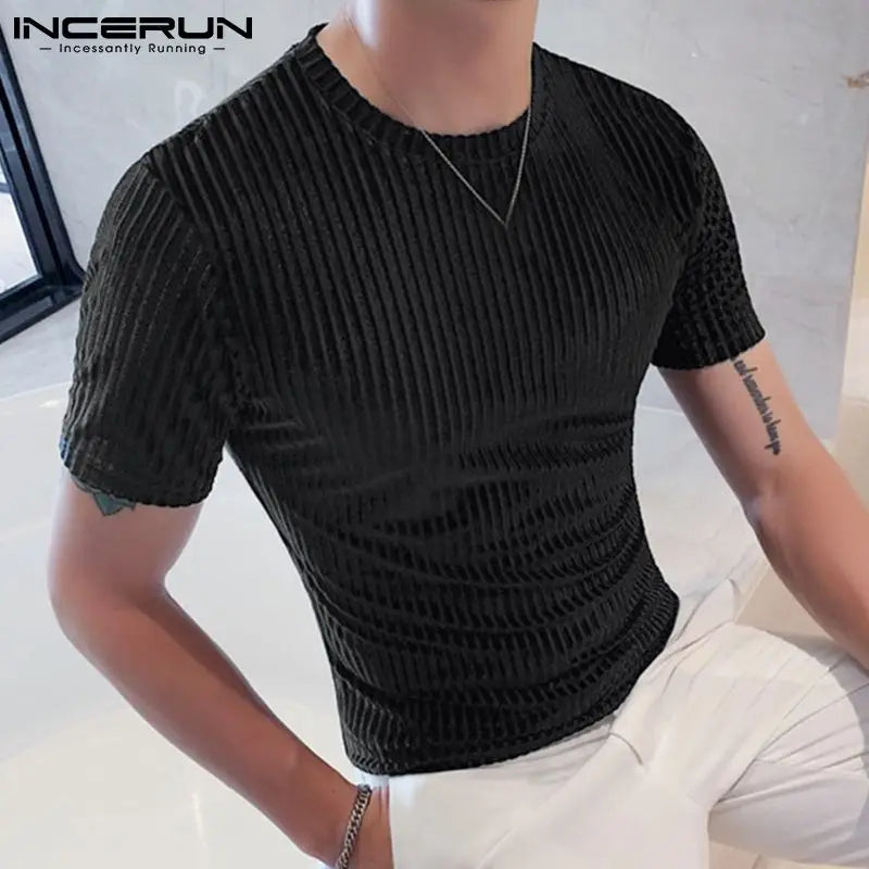 Fashion Casual Style Men's Camiseta  Party Shows Tees INCERUN Male Stylish Hot Sale Drawstring Round Neck Stretch T-shirts S-3XL