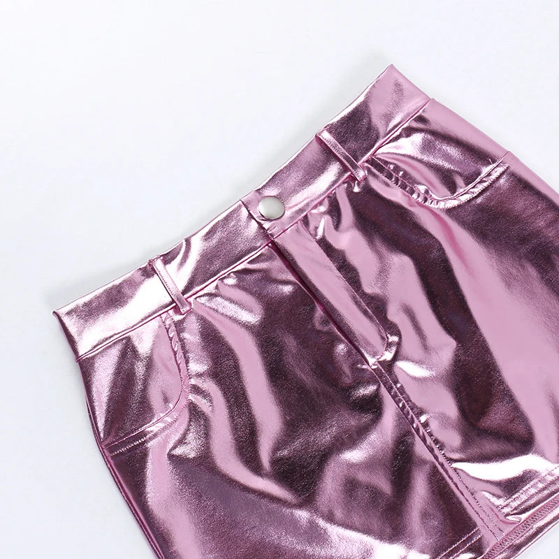 Y2k Pink Metallic Fashion Hot Girls Short Skirt Dummy pocket Slim Fit Bright High Waist Korean Fashion Halfskirt Women Clothing