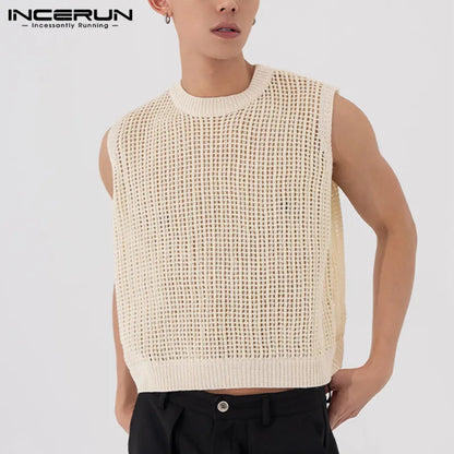 Fashion Men Tank Tops Mesh Hollow Out Transparent Streetwear Solid Color Vests 2023 O-neck Sleeveless Men Clothing S-5XL INCERUN