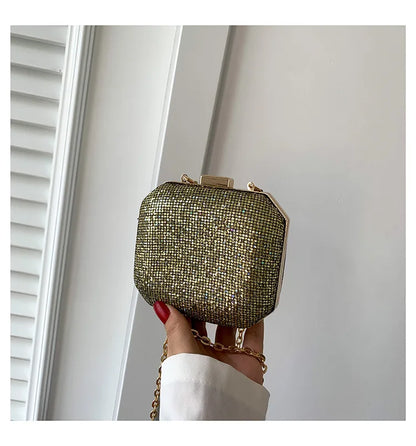 Mini bolso de noche para mujer, bolso de hombro retro con diamantes de imitación a la moda, bolso cruzado con cadena de color dorado, plateado y negro