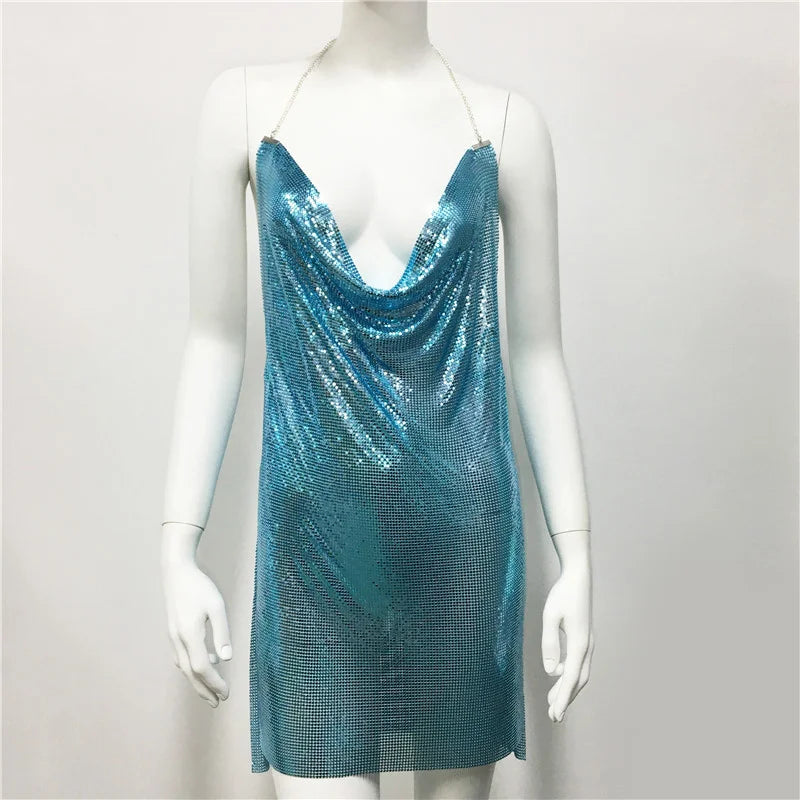 Robe d'été sexy à paillettes et chaîne transparente pour femme, dos nu, tenue de fête d'anniversaire, de boîte de nuit, robe de soirée en métal