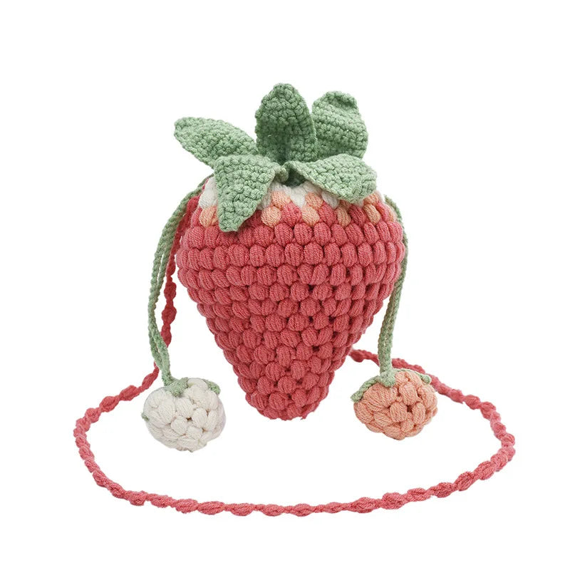 Lindo bolso pequeño de verano tejido con fresas, bolso bandolera pequeño tipo cubo para niñas