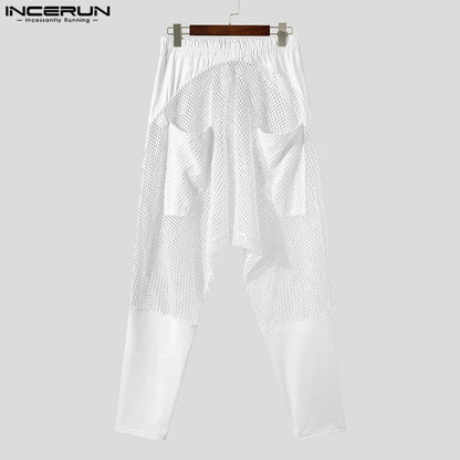 Pantalones nuevos para hombre con estilo sexy INCERUN 2024, pantalones de malla transparente con parches, pantalones elásticos con perspectiva informal, tallas S-5XL