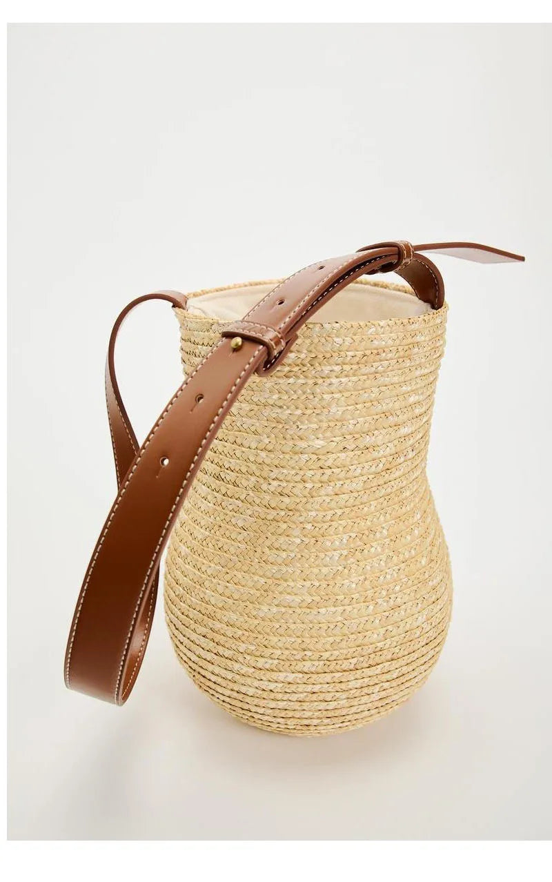 Bolso de paja con diseño de calabaza de moda, bolsos de hombro para mujer, bolsos de playa de verano, bolsos tipo cubo estilo Bali informales 2024