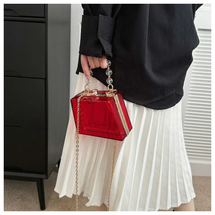 Summer Transparent Box Bag Female Small Pearl Handle Clear Shoulder Bag Chain Acrylic Dinner Bag