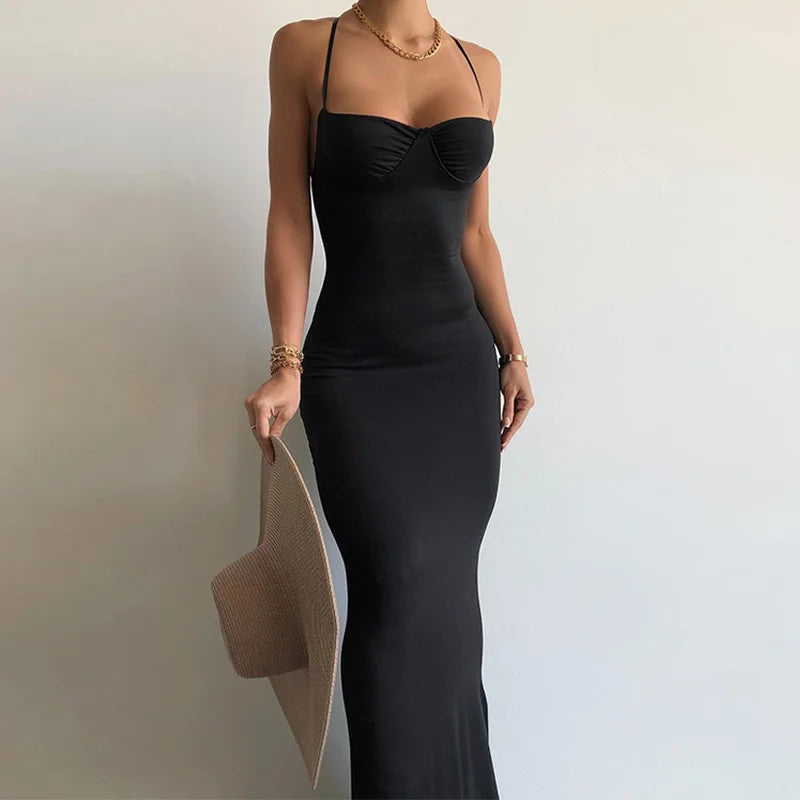 Dulzura Solid Black Backless Long Dress For Women Bodycon Sexy Slim Maxi Dress Party Club Outfits Summer Wholesale Items