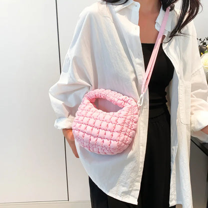 Bolso pequeño informal con frunces y acolchado tipo hobo para mujer, de nailon y algodón, tipo bandolera para el hombro