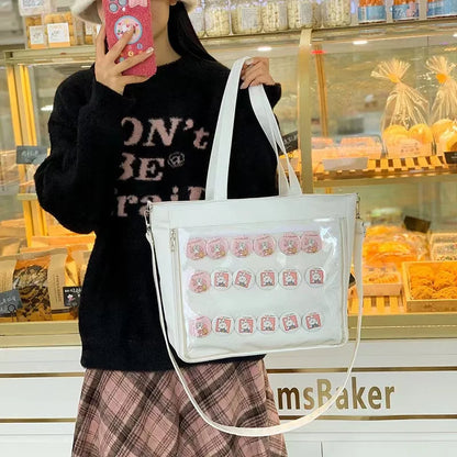 Kawaii Itabag Women Big PU Leather Shoulder Bag School Girls JK Ita Bag Badges Display Transparent Handbags Crossbody Bags Women