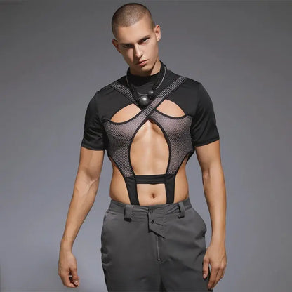 2023 Monos para hombre de malla de retazos transparentes con agujeros, monos de cuello redondo de manga corta, mono sexy de moda para hombre S-3XL INCERUN