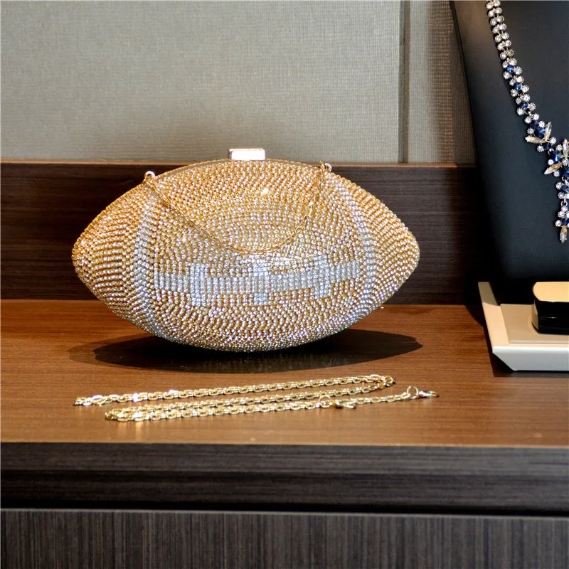 Diamond Evening Clutch Purse Bag Bridal Bling Football Shape Handbag Trendy Fashion One-shoulder Lady Rhinestone Box Case