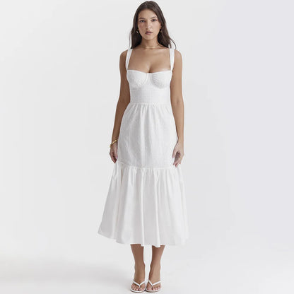 Suninheart - Vestido elegante y bonito de verano de alta calidad para mujer, vestido de jacquard de mezcla de algodón blanco, vestido de fiesta de vacaciones a media pierna