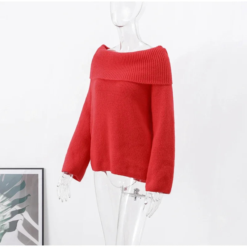 Suninheart Slash Neck Off Shoulder Sweater Women 2024 Spring Solid Elegant Long Sleeve Pullover Female Fashion Red Loose Ladies