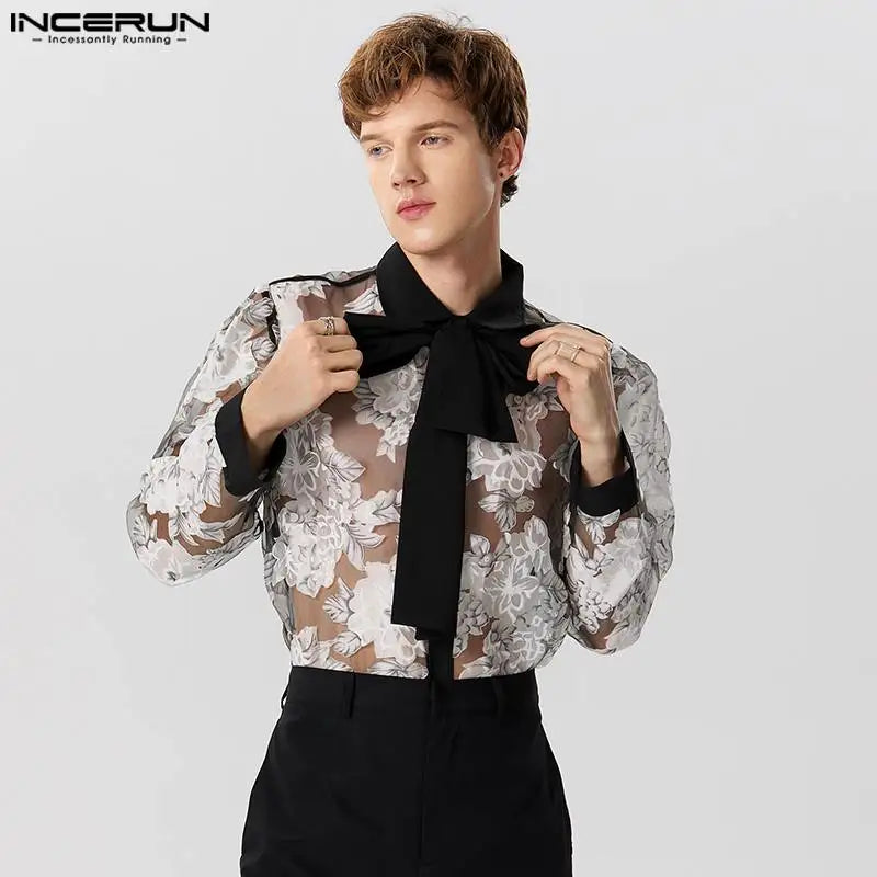 Fashion Sexy New Men Perspective Lace Print Jacquard Tie Shirts Casual Male Hot Sale Long Sleeved Blouse S-5XL INCERUN Tops 2024