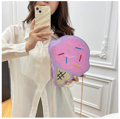 Ice CreamShape Shoulder Bag Style Cartoon Sequins Crossbody Bag Women Cute Chain Small Handbag