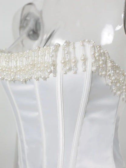 Suninheart Luxury Strapless Women Cropped Top White Embellished Pearls and Beads Corset Tops Sexy Party Cocktail Clothing