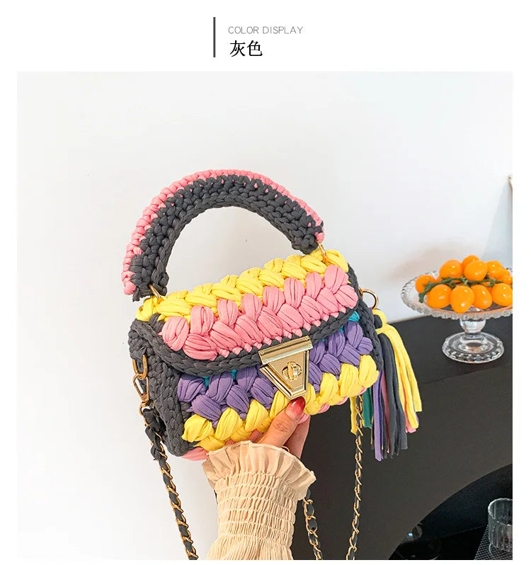 Fashion Colorful Crochet Women Handbags Trend Handmade Woven Chains Shoulder Crossbody Bag Small Flap Female Purses 2024