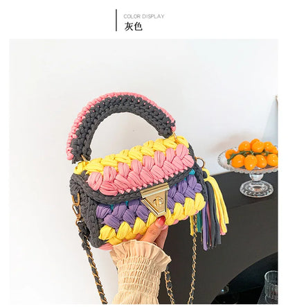 Fashion Colorful Crochet Women Handbags Trend Handmade Woven Chains Shoulder Crossbody Bag Small Flap Female Purses 2024