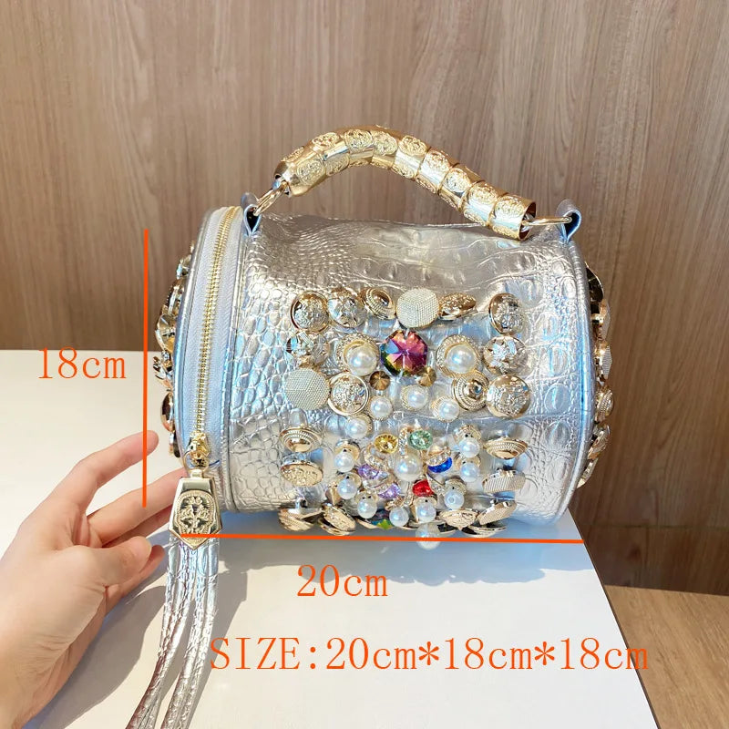 New Women's Bag Cylinder Handmade Shoulder Bag Water Diamond Bag Versatile One Shoulder Crossbody Bag Pillow Bag