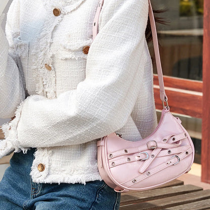 Fashion Belts Deco Halfmoon Women Shoulder Bags Punk Pink Color Handbags  Pu Leather Y2K Crossbody Bag Small Female Purses 2024