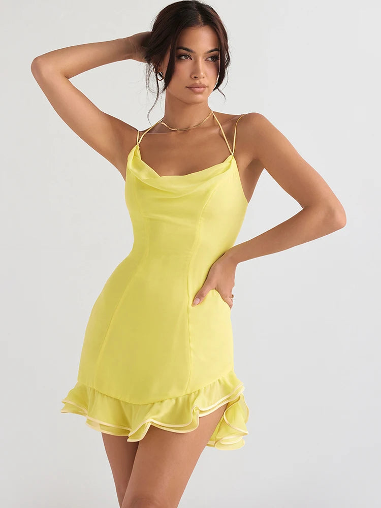 suninheart Light Beach Robe Sleeveless Mini Dress Chic Ruffles Chiffon Summer Sexy Party Yellow Dress For Women