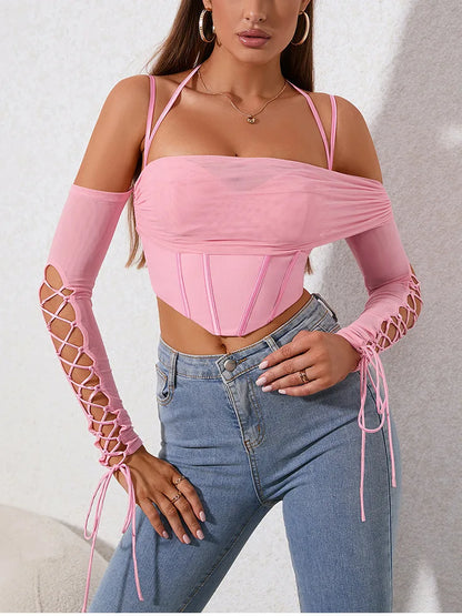 Suninheart Sexy Off The Shoulder Top Women 2024 New in Hollow Out  Long Sleeved Corset Top Casual Party Clubwear