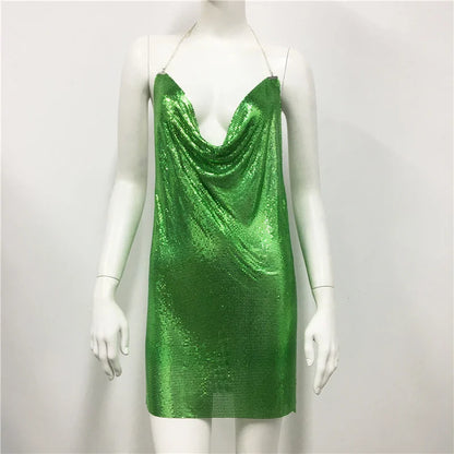 Robe d'été sexy à paillettes et chaîne transparente pour femme, dos nu, tenue de fête d'anniversaire, de boîte de nuit, robe de soirée en métal