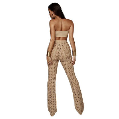 DEAT Fashion Women's Pants High Waist Slim Drawstring Solid Color Knitted Hollow Out Flare Trousers Spring 2024 New 17A2466