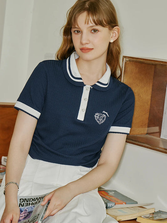 FSLE Office Lady Polo Knitted T-shirt Women's 2024 Summer New Retro Classic White Deep Blue Women Top Casual Loose  24FS12370