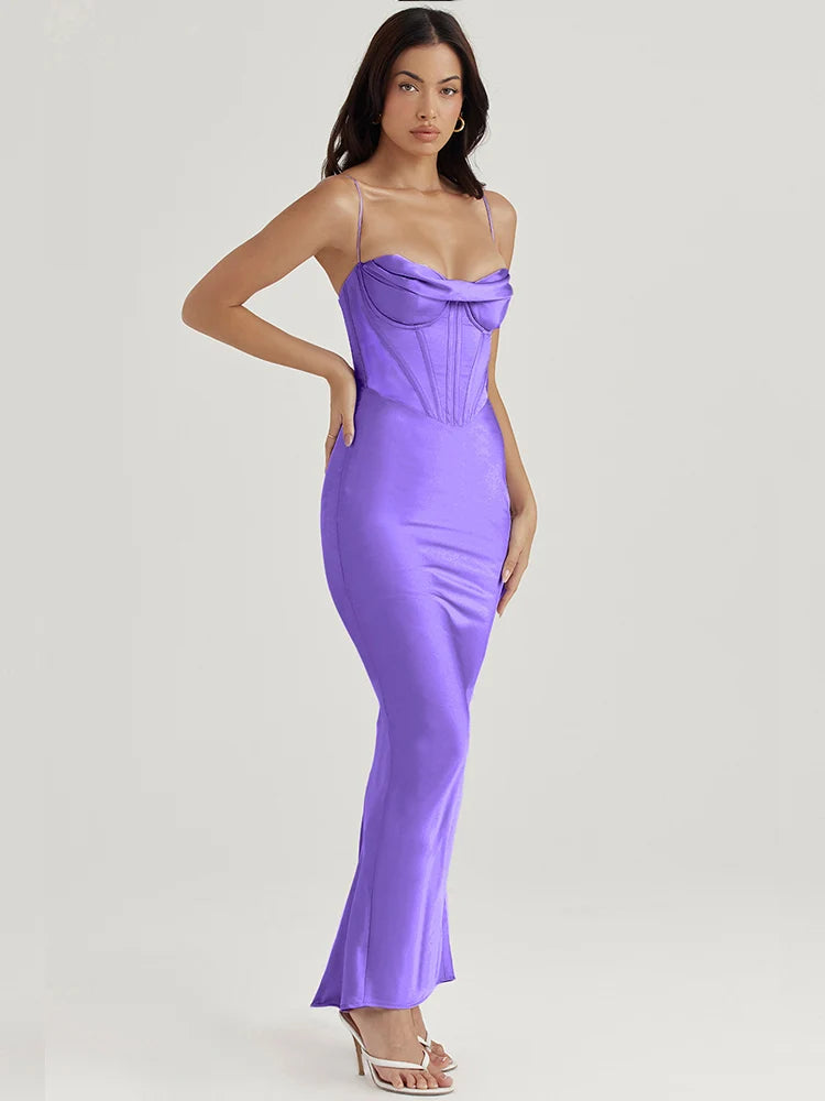 Vestido de invitada de boda para mujer 2023, vestido maxi ajustado de satén con tirantes finos largos, vestidos de fiesta de noche de graduación sexys con guantes morados