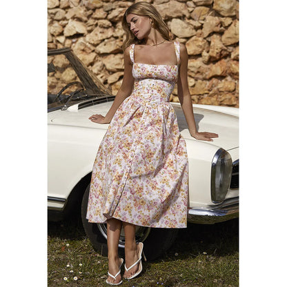 Suninheart - Vestido de fiesta elegante de verano con estampado floral, midi, con bolsillo, espalda amarilla, con cordones, informal, 2023