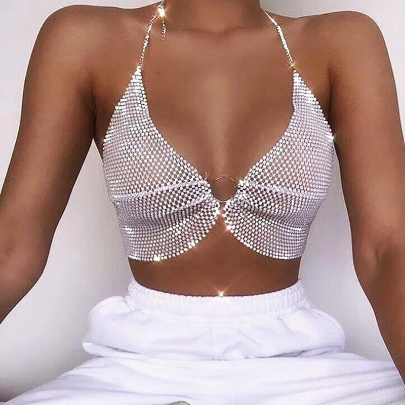 Sparkling Diamond Women Bra Sexy Club Rhinestone V-Neck Nightclub Stretch Tank Top Beach Birthday Party Body Chain Bralette