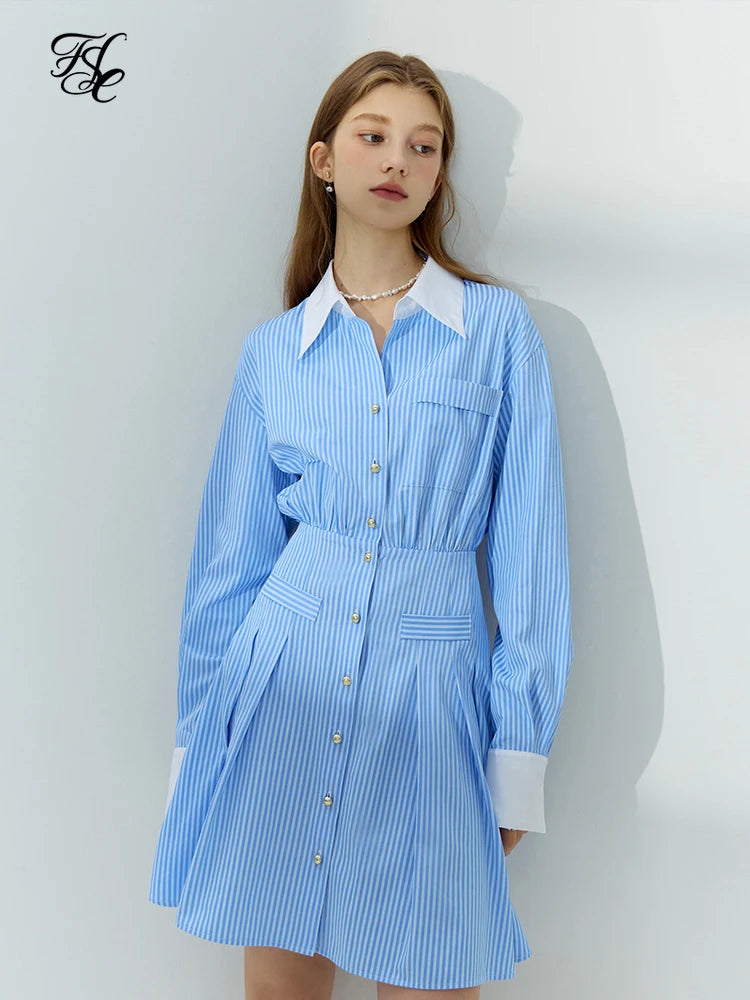 FSLE Polo Neck Women Autumn Long Sleeve Shirt Dresses High Waist Back Elastic Waist Design Women Above-Knee Length Stripe Dress