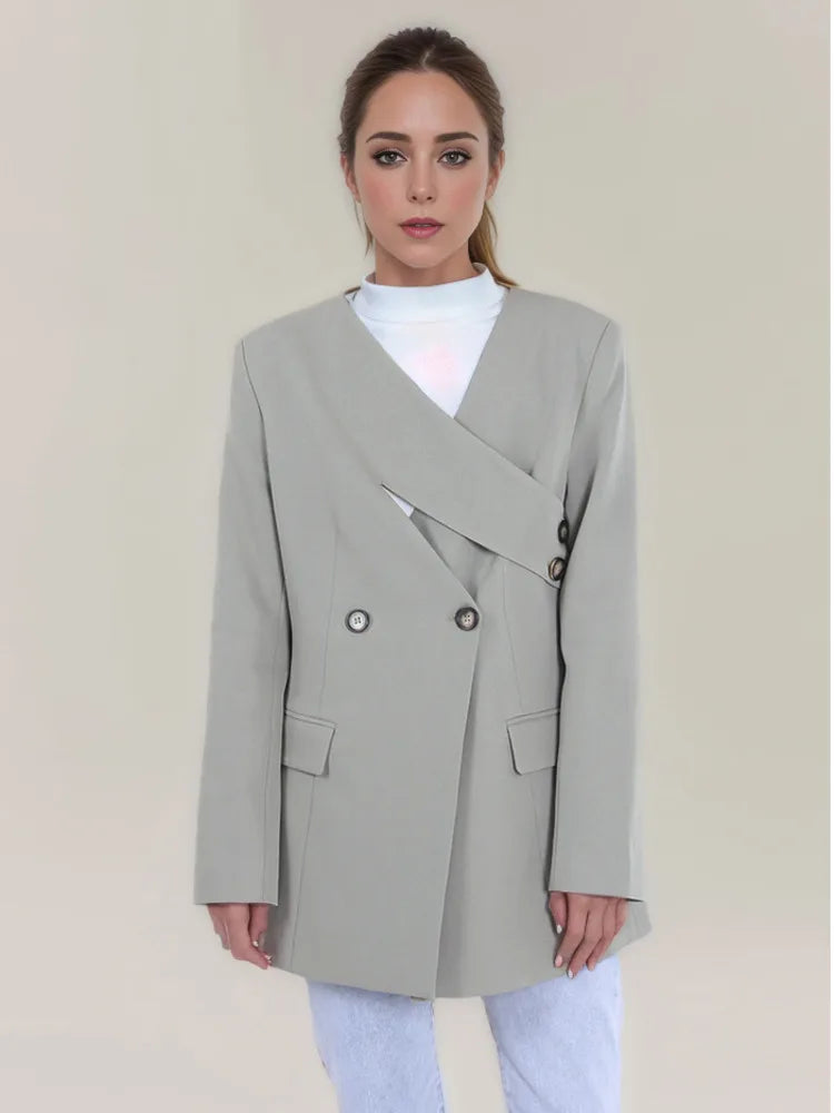 DEAT Fashion Blazer pour femme, col en V, déconstruction, bouton latéral, taille, manches longues, veste de costume grise, printemps 2024, nouvelle tendance CPDB002