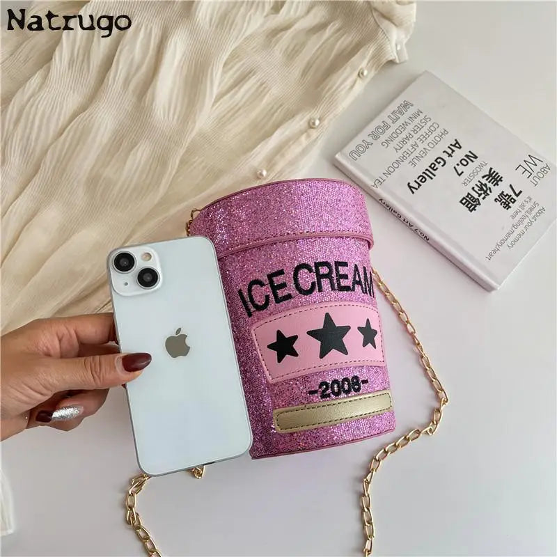 Funny cute cup shape shoulder bag icea cream letter printing bucket bag ladies crossbody messenger bag female purse handbag