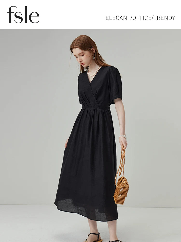 Vestido de verano con escote en V francés y textura de jacquard para mujer de FSLE, faldas a media pantorrilla de corte A con temperamento negro, vestidos de oficina para mujer