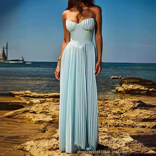 Suninheart Vestidos sexys sin tirantes de verano para mujer, recién llegados en 2024, vestido plisado elegante azul, vestidos largos con bustier para fiesta de cumpleaños