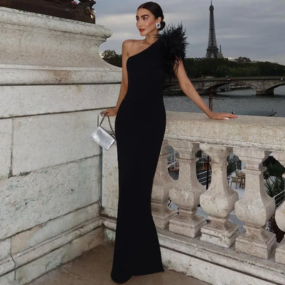 Dulzura Black Sleeveless One Shoulder Feather Maxi Dress For Women Bodycon Sexy Party Elegant Long Dress Birthday Evening Outfit