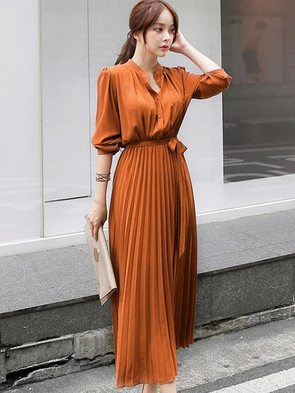 Vestido plisado de manga larga de otoño 2022, vestido midi elegante para mujer, vestidos vintage de oficina para mujer con cinturón, cintura alta, alta calidad