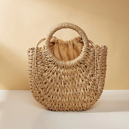 Bolso de paja estilo canasta de color caramelo informal, tejido con cuerda, para mujer, hecho a mano, para playa, para verano, pequeño, para vacaciones, 2024