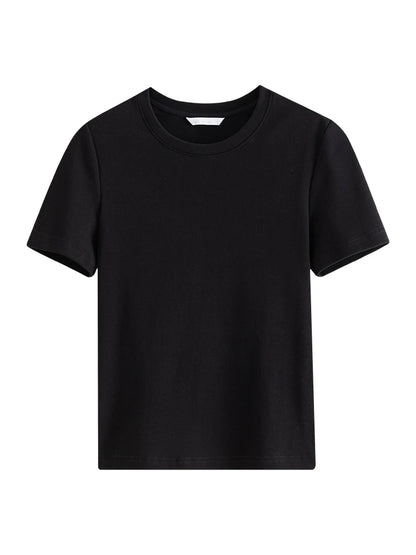 FSLE【4 colores】Camiseta informal de verano gris con cuello redondo para mujer, camisetas elásticas de manga corta con cuello cuadrado de algodón negro 24FS12797+24FS12798