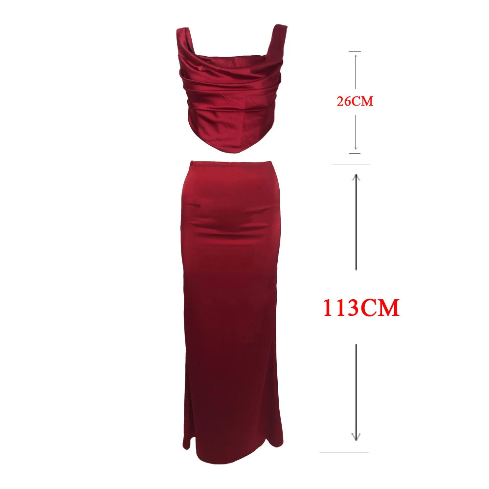 Robe de Noël vin Suninheart pour femme, ensemble de 2 pièces en satin, corset moulant élégant, haut court et jupe longue, vêtements pour femmes