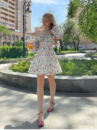 Clearance Sale !! Summer Lantern Sleeve Dress Long Sleeve Floral Print Dress Drawstring Elegant A Line Party Holiday Dress Women