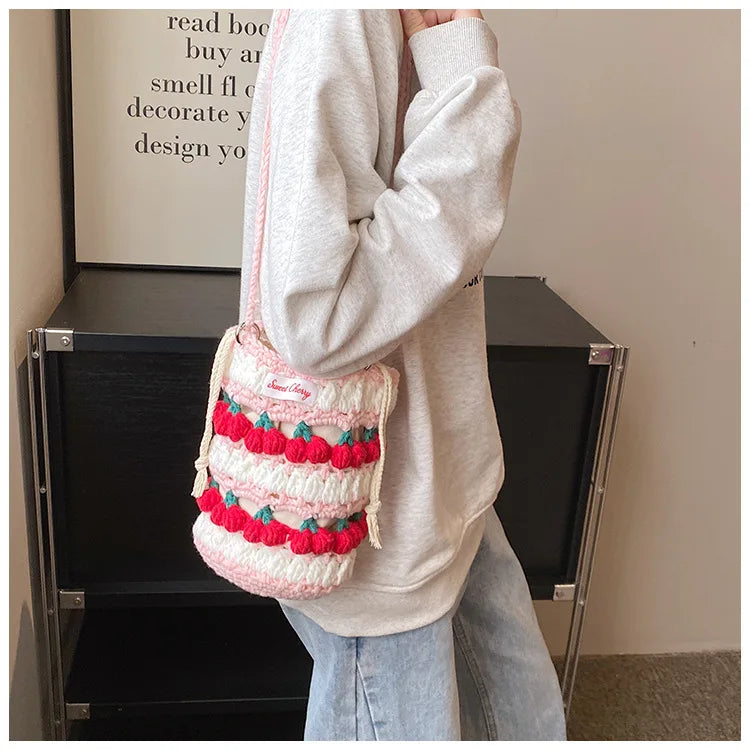 Handmade Woven Cherry Woolen Bag Fresh Fruit Woven Bag Crochet Knitted Bag Leisure String Shoulder Crossbody Bag 2024 New