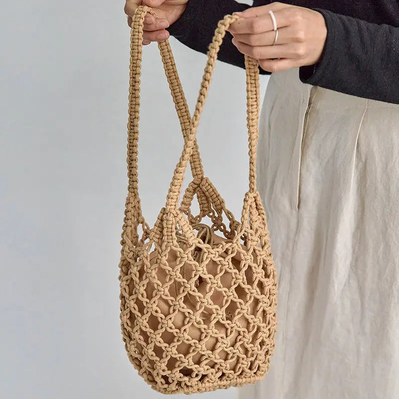 Bolso de playa de verano para mujer, bolso de hombro tipo cubo de punto con cuerda de malla, bolso de viaje con huecos reticulados, bolso de mano de moda para mujer